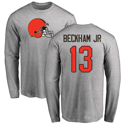 Men Cleveland Browns NFL Odell Beckham Jr. Ash Jersey #13 Football Name and Number Logo Long Sleeve T Shirt